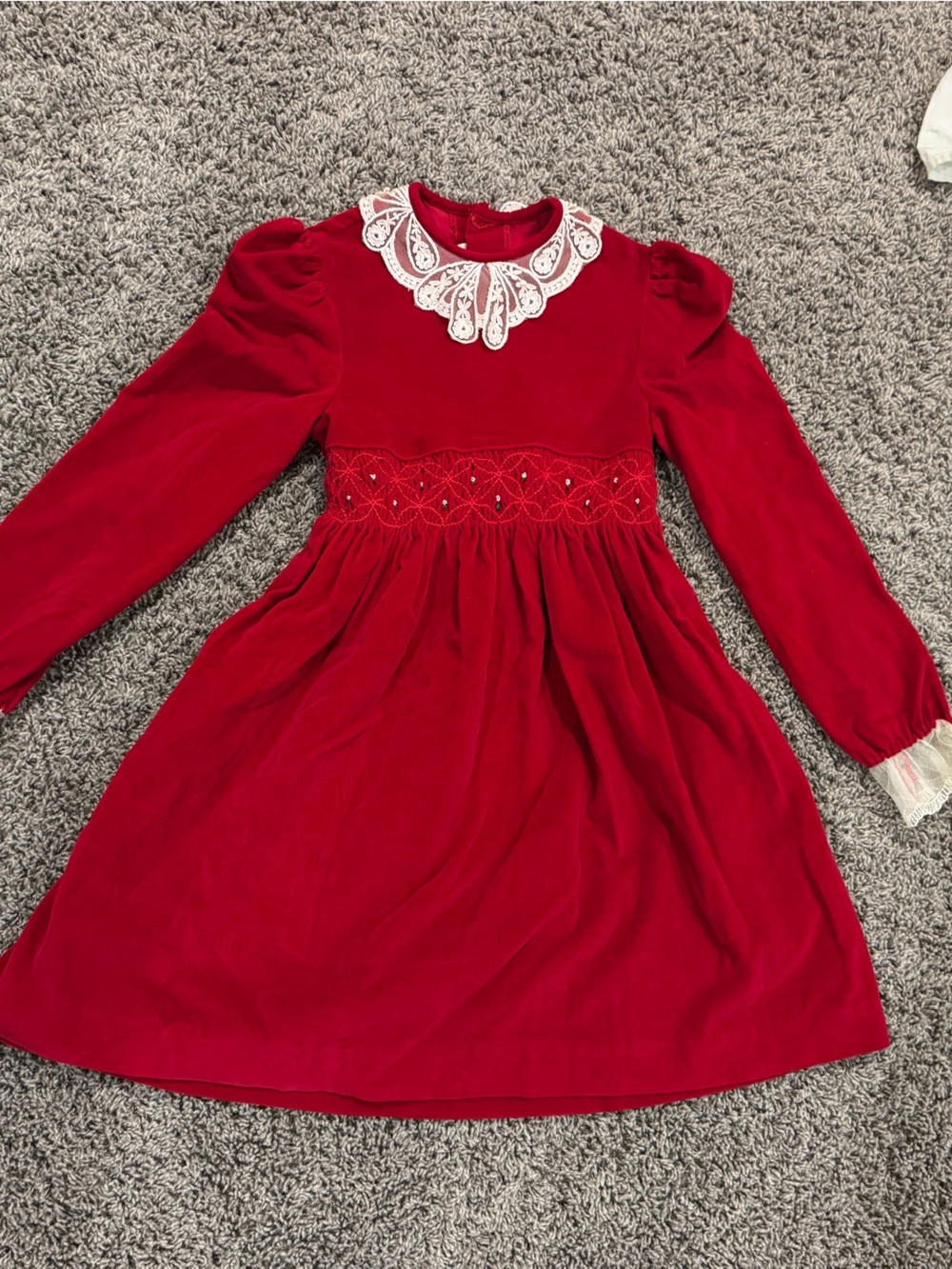 Vintage Polly Flinders Girls Red Velvet Dress with Lace Collar and embroidey